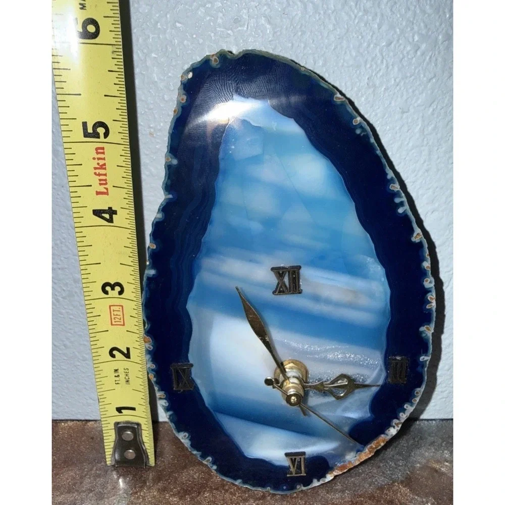 Vintage Blue Agate Slice Mantel Clock Quartz Movement 6